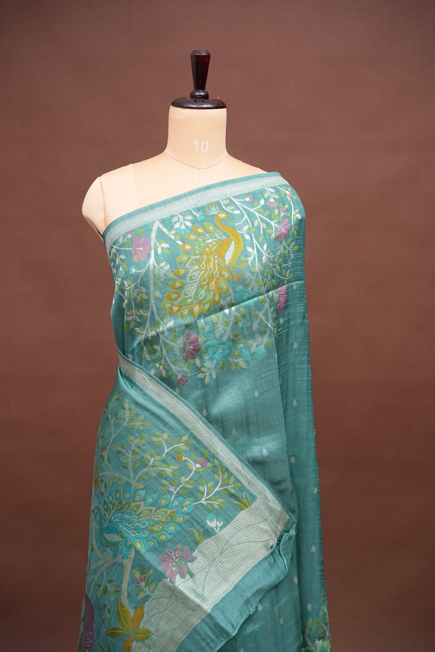 Tussar Banarasi Raw Silk Saree with Floral Zari Butta Weaving – Aqua Green