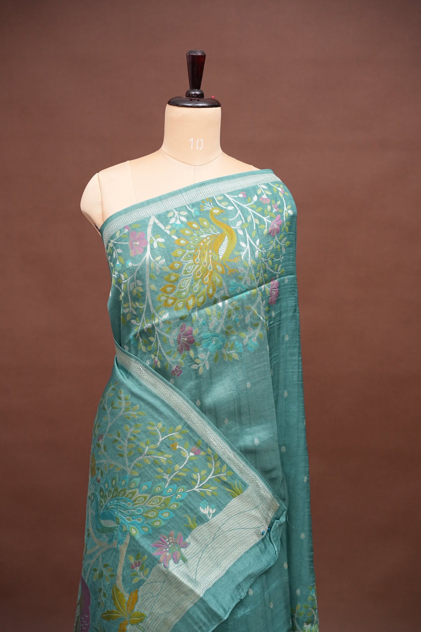Tussar Banarasi Raw Silk Saree with Floral Zari Butta Weaving – Aqua Green