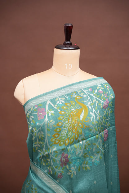 Tussar Banarasi Raw Silk Saree with Floral Zari Butta Weaving – Aqua Green