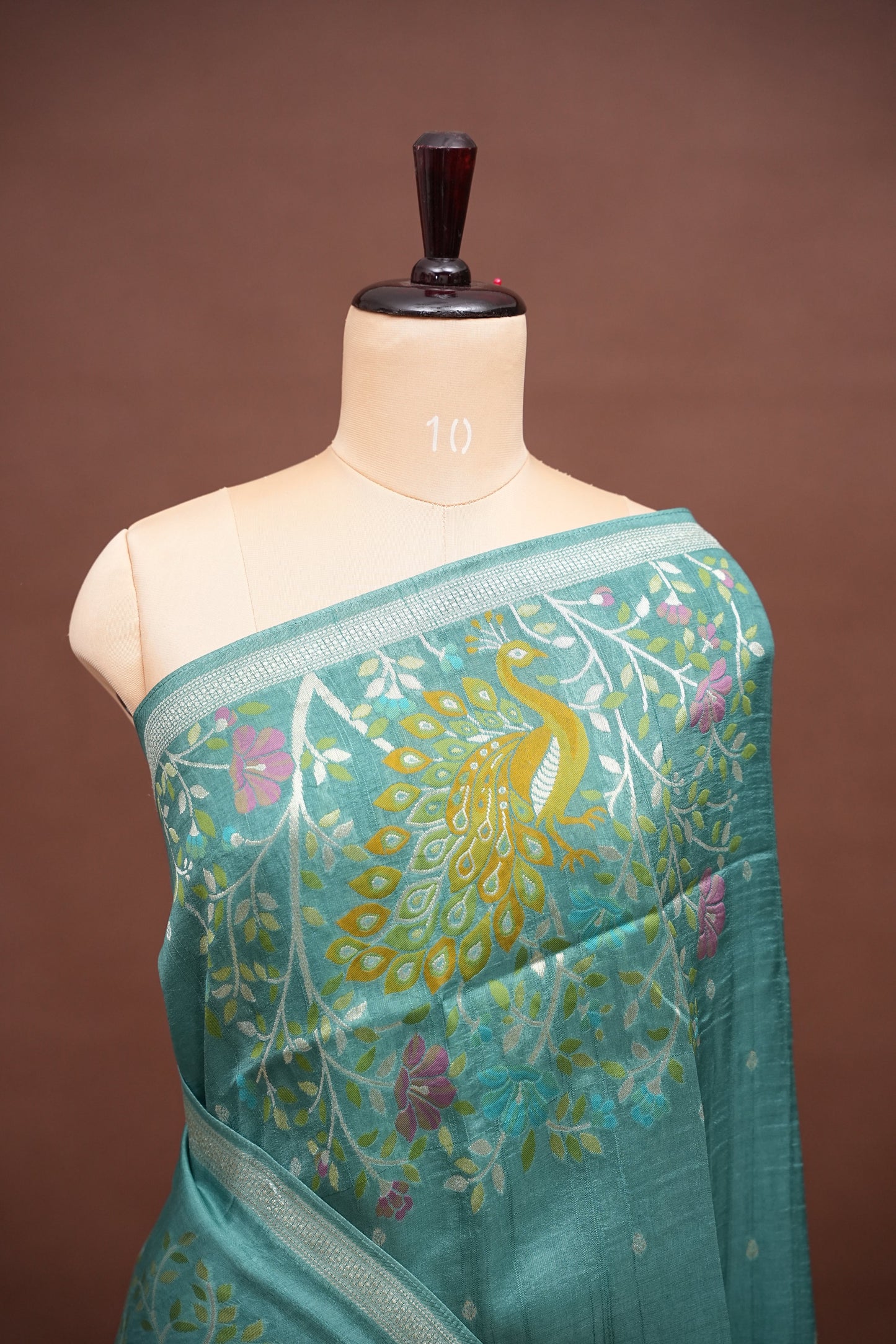 Tussar Banarasi Raw Silk Saree with Floral Zari Butta Weaving – Aqua Green