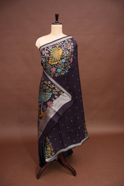 Tussar Banarasi Raw Silk Saree with Floral Paithani Weaves – Deep Purple