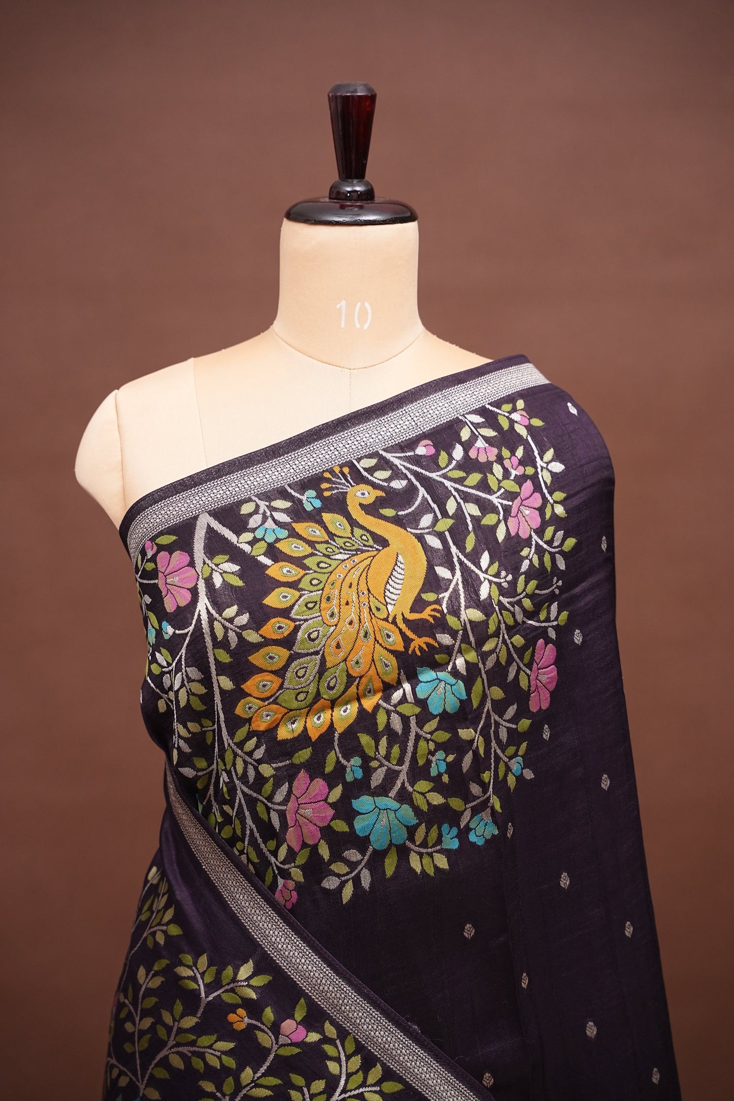 Tussar Banarasi Raw Silk Saree with Floral Paithani Weaves – Deep Purple