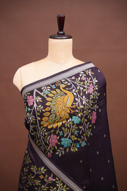 Tussar Banarasi Raw Silk Saree with Floral Paithani Weaves – Deep Purple