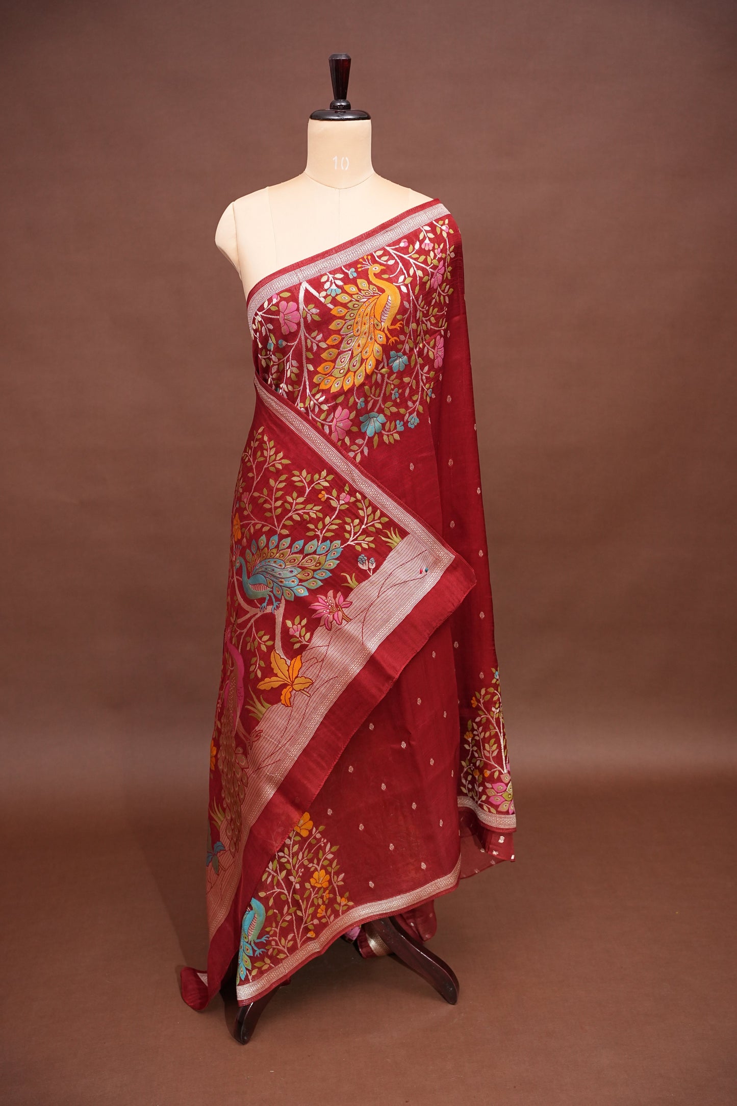 Tussar Banarasi Raw Silk Saree with Floral Paithani Weaves – Maroon