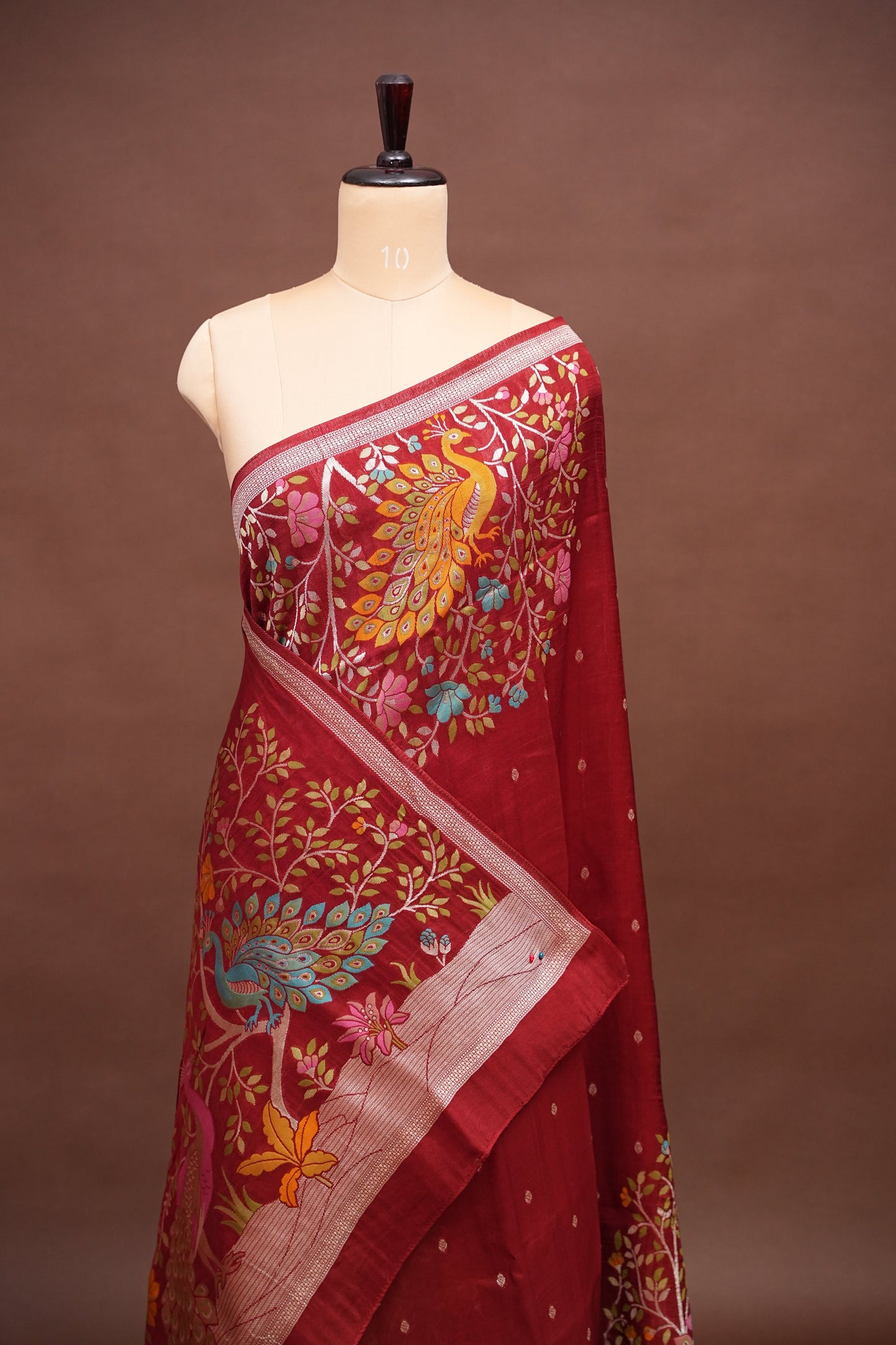 Tussar Banarasi Raw Silk Saree with Floral Paithani Weaves – Maroon