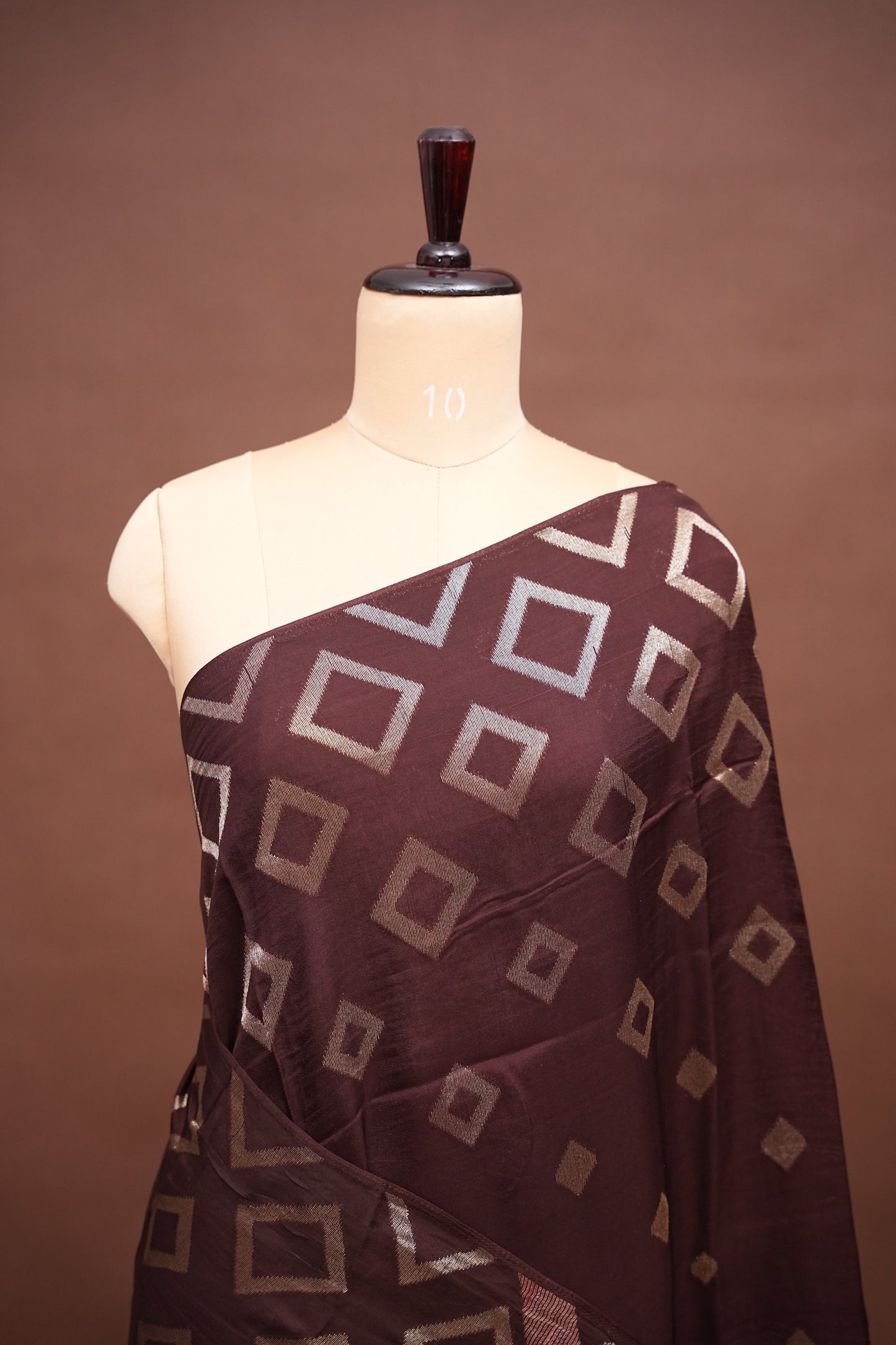 Tussar Banarasi Raw Silk Saree with Geometric Silver Weaving – Coffee Brown