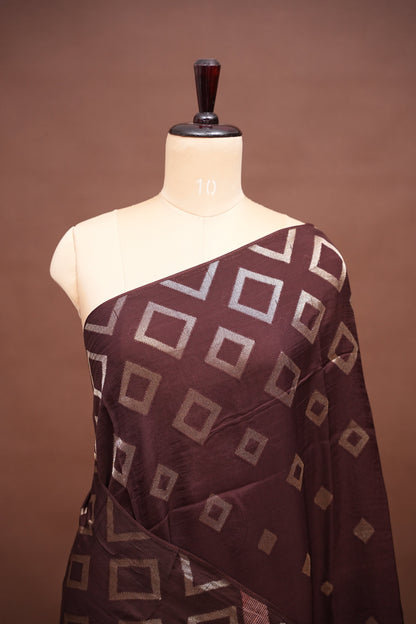 Tussar Banarasi Raw Silk Saree with Geometric Silver Weaving – Coffee Brown