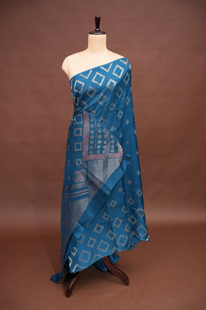 Tussar Banarasi Raw Silk Saree with Geometric Silver Weaving – Teal Blue