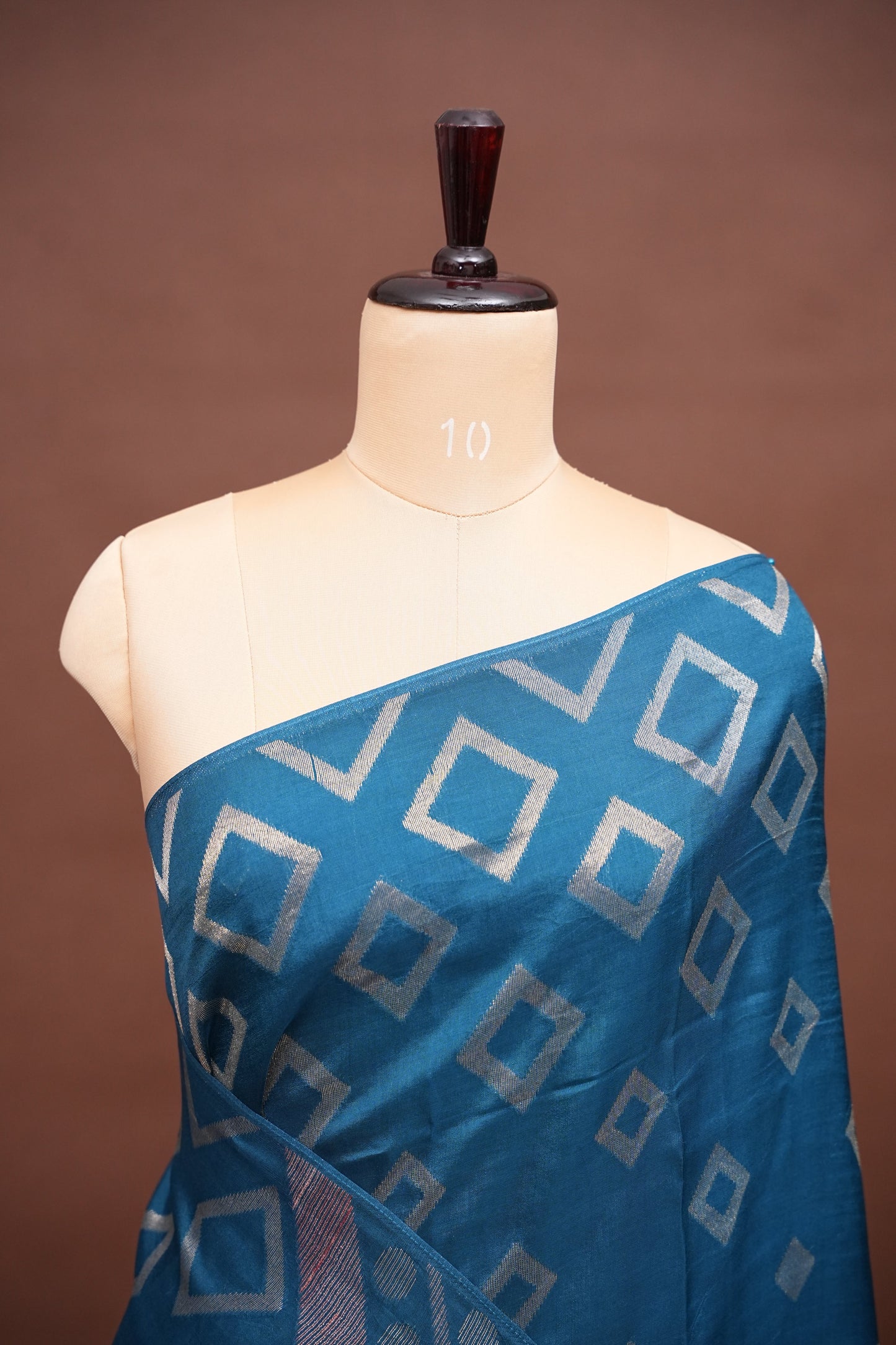 Tussar Banarasi Raw Silk Saree with Geometric Silver Weaving – Teal Blue