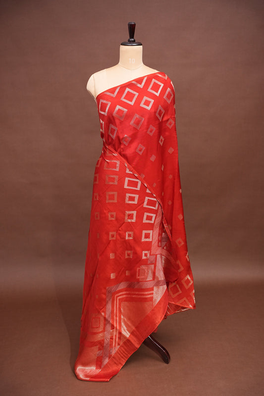 Tussar Banarasi Raw Silk Saree with Geometric Silver Weaving – Rust Orange