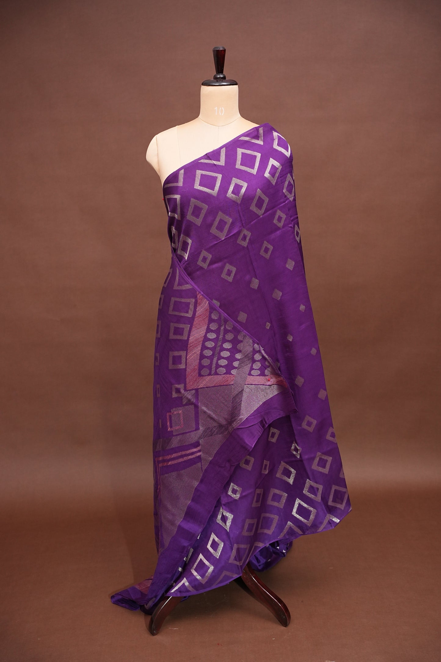 Tussar Banarasi Raw Silk Saree with Geometric Silver Weaving – Royal Purple