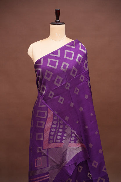 Tussar Banarasi Raw Silk Saree with Geometric Silver Weaving – Royal Purple