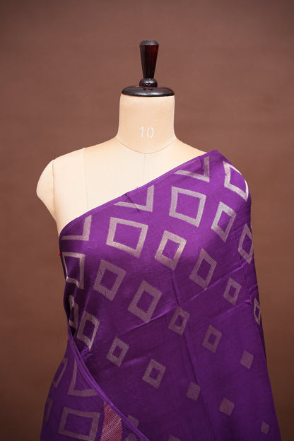 Tussar Banarasi Raw Silk Saree with Geometric Silver Weaving – Royal Purple