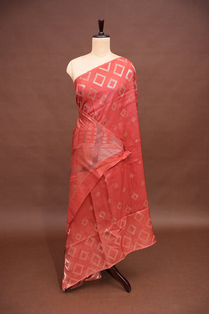 Tussar Banarasi Raw Silk Saree with Geometric Silver Weaving – Light Orange