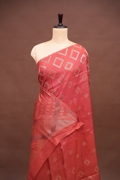 Tussar Banarasi Raw Silk Saree with Geometric Silver Weaving – Light Orange