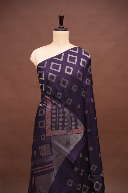 Tussar Banarasi Raw Silk Saree with Geometric Silver Weaving – Deep Purple