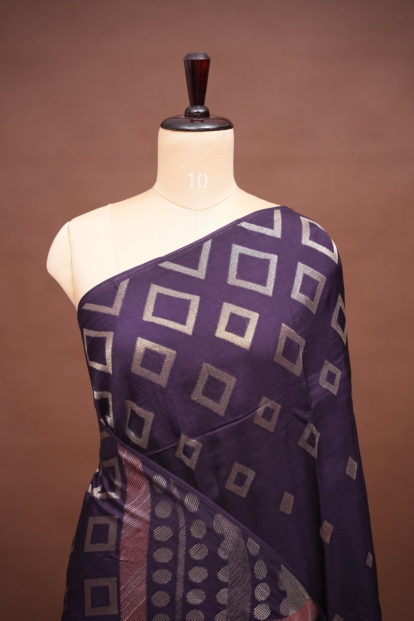 Tussar Banarasi Raw Silk Saree with Geometric Silver Weaving – Deep Purple