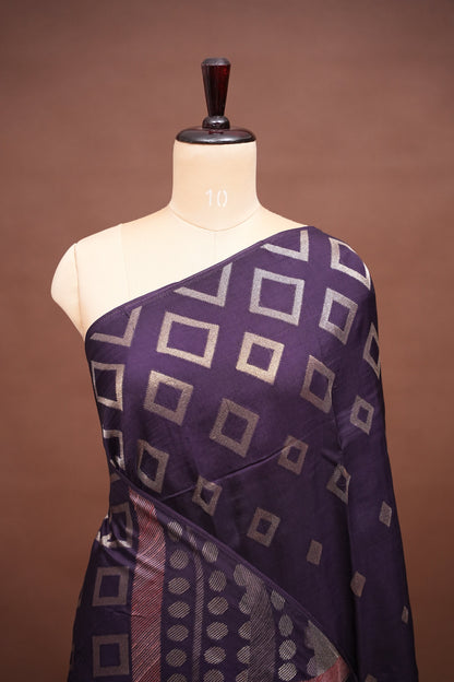Tussar Banarasi Raw Silk Saree with Geometric Silver Weaving – Deep Purple