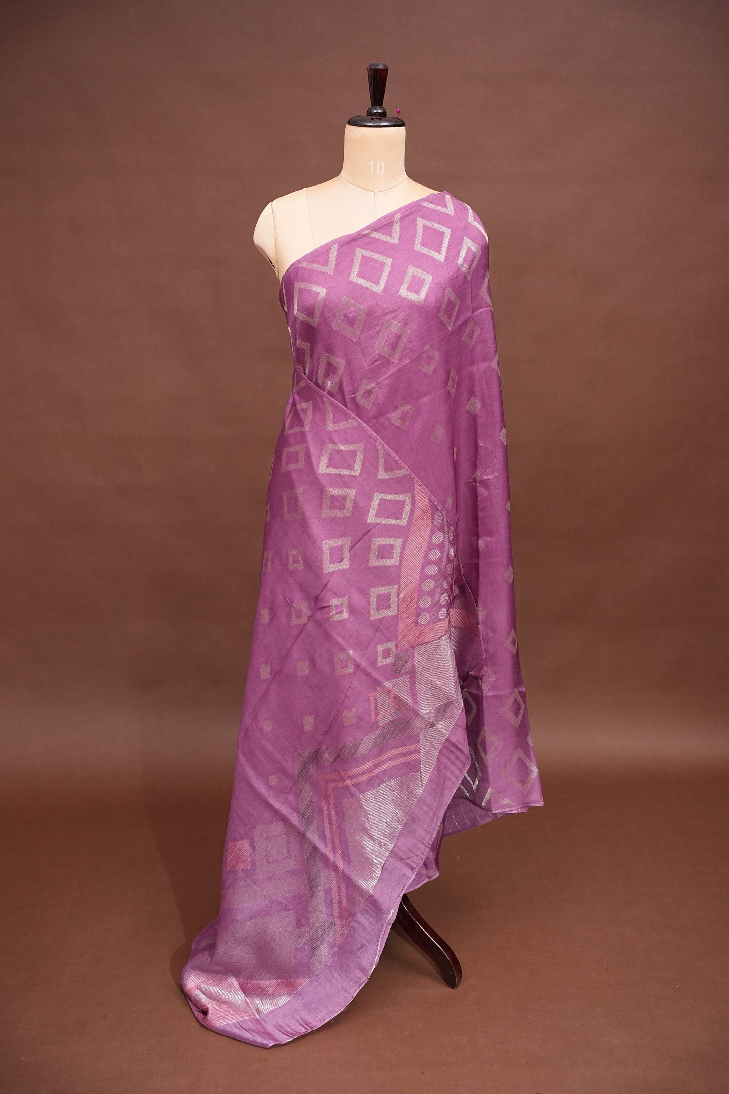 Tussar Banarasi Raw Silk Saree with Geometric Silver Weaving – Onion Pink