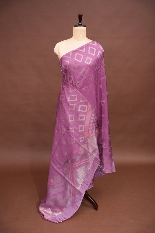 Tussar Banarasi Raw Silk Saree with Geometric Silver Weaving – Onion Pink