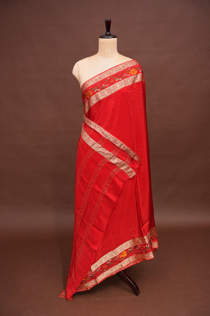 Crepe Silk Saree with Embroidered Border - Red