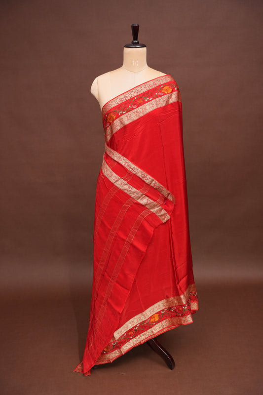 Crepe Silk Saree with Embroidered Border - Red