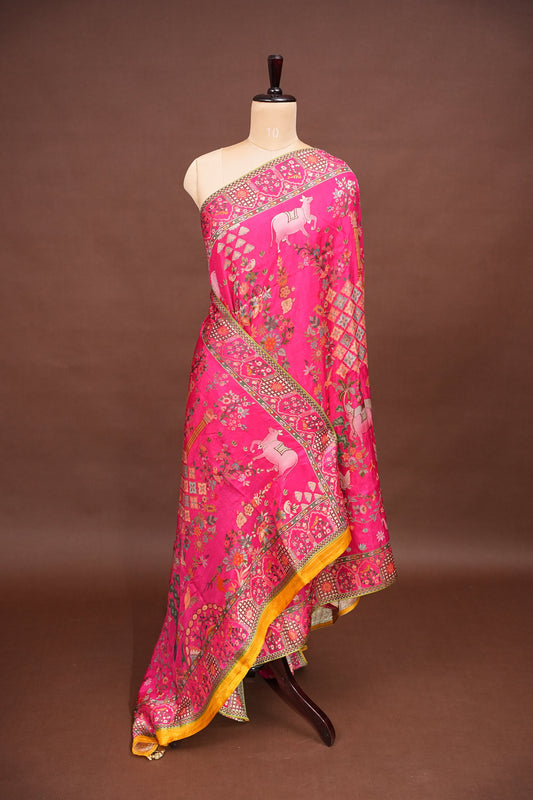 Kashmiri Pashmina Banarasi Story Telling Saree - Hot Pink
