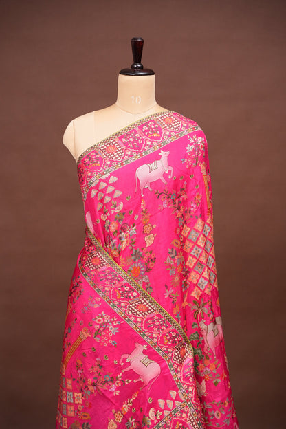 Kashmiri Pashmina Banarasi Story Telling Saree - Hot Pink