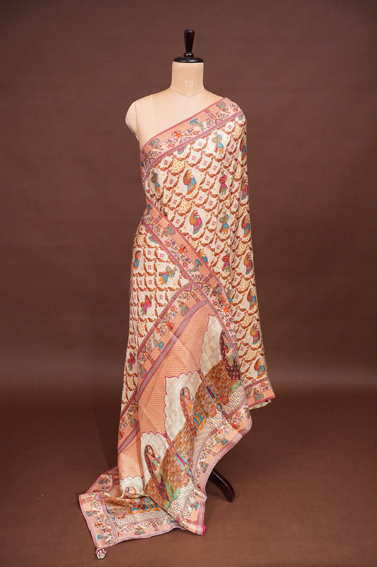 Kashmiri Pashmina Banarasi Story Telling Saree - Ivory