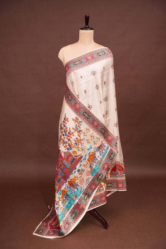 Kashmiri Pashmina Banarasi Story Telling Saree - Ivory