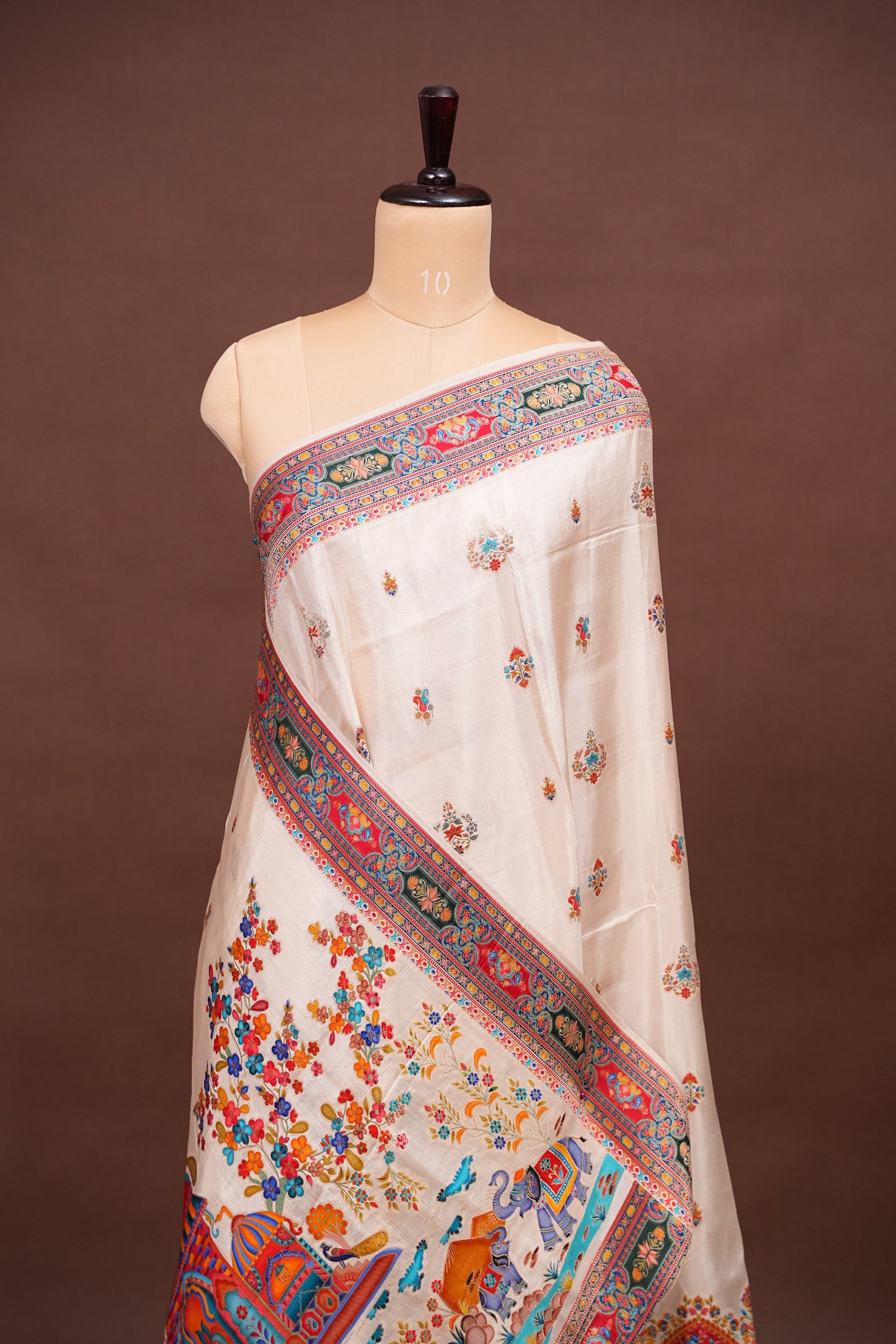 Kashmiri Pashmina Banarasi Story Telling Saree - Ivory