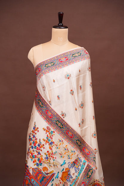 Kashmiri Pashmina Banarasi Story Telling Saree - Ivory