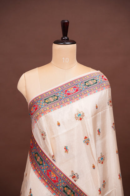 Kashmiri Pashmina Banarasi Story Telling Saree - Ivory