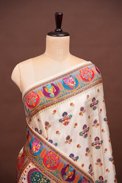 Kashmiri Pashmina Banarasi Story Telling Saree - Ivory Shade