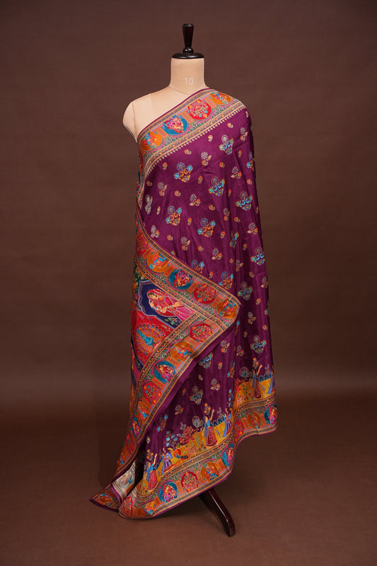 Kashmiri Pashmina Banarasi Story Telling Saree - Wine