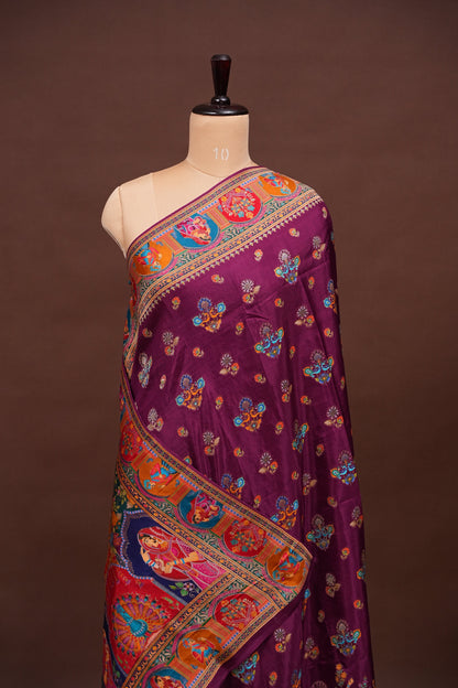 Kashmiri Pashmina Banarasi Story Telling Saree - Wine