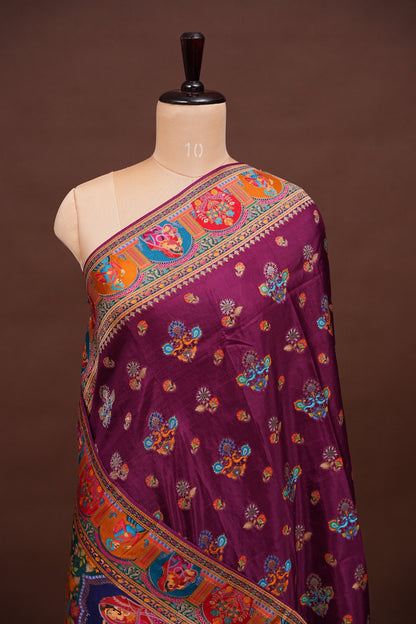 Kashmiri Pashmina Banarasi Story Telling Saree - Wine