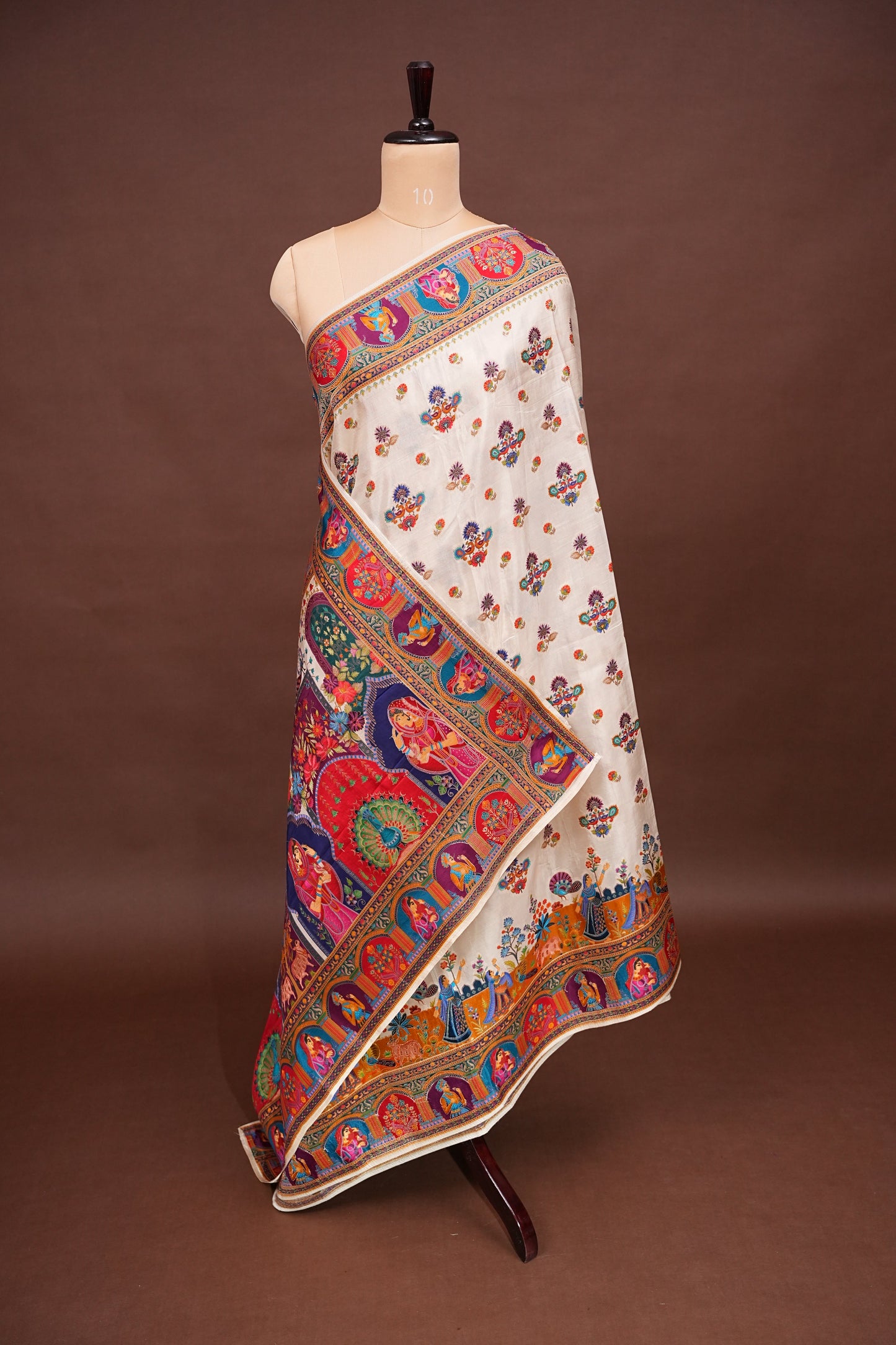 Kashmiri Pashmina Banarasi Story Telling Saree - Ivory