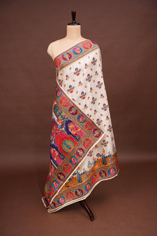 Kashmiri Pashmina Banarasi Story Telling Saree - Ivory