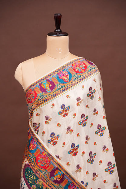 Kashmiri Pashmina Banarasi Story Telling Saree - Ivory