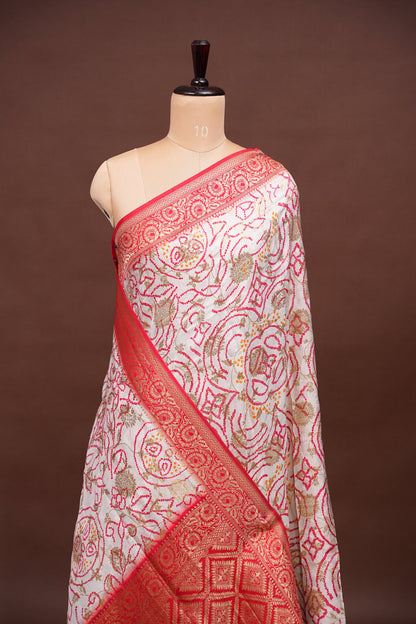 Kashmiri Pashmina Story Telling Banarasi Saree - White & Red