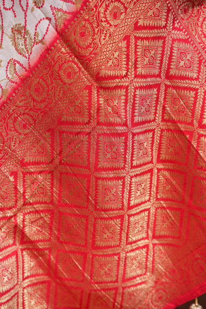 Kashmiri Pashmina Story Telling Banarasi Saree - White & Red