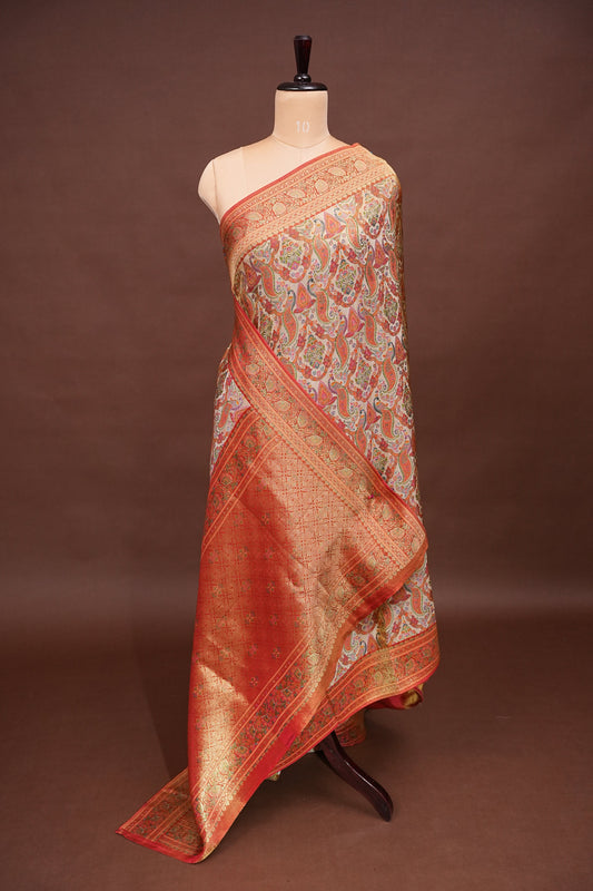 Kashmiri Pashmina Mellow Tissue Banarasi Saree - Ivory & Peach