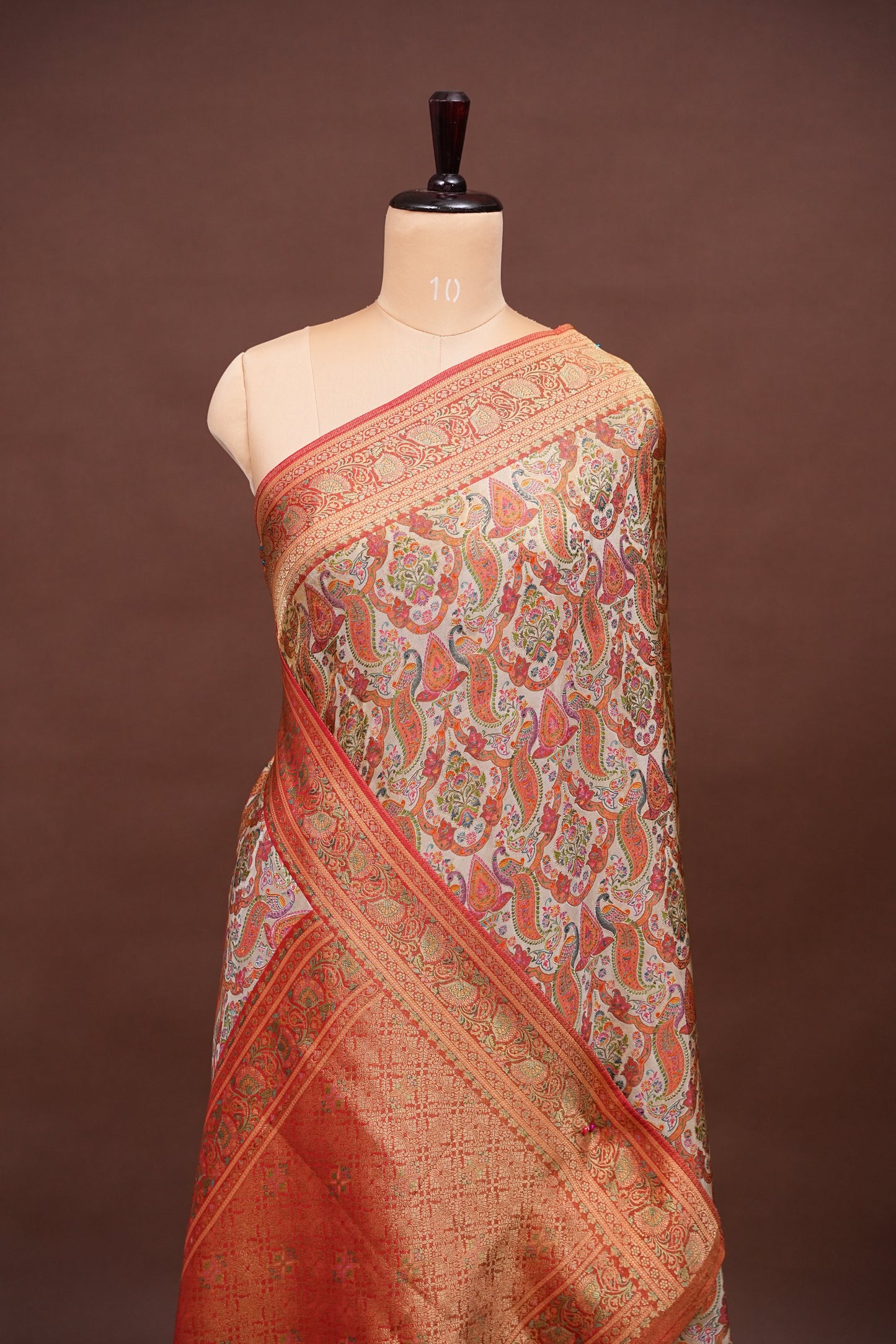 Kashmiri Pashmina Mellow Tissue Banarasi Saree - Ivory & Peach
