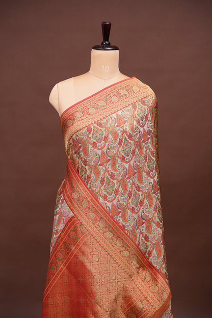Kashmiri Pashmina Mellow Tissue Banarasi Saree - Ivory & Peach