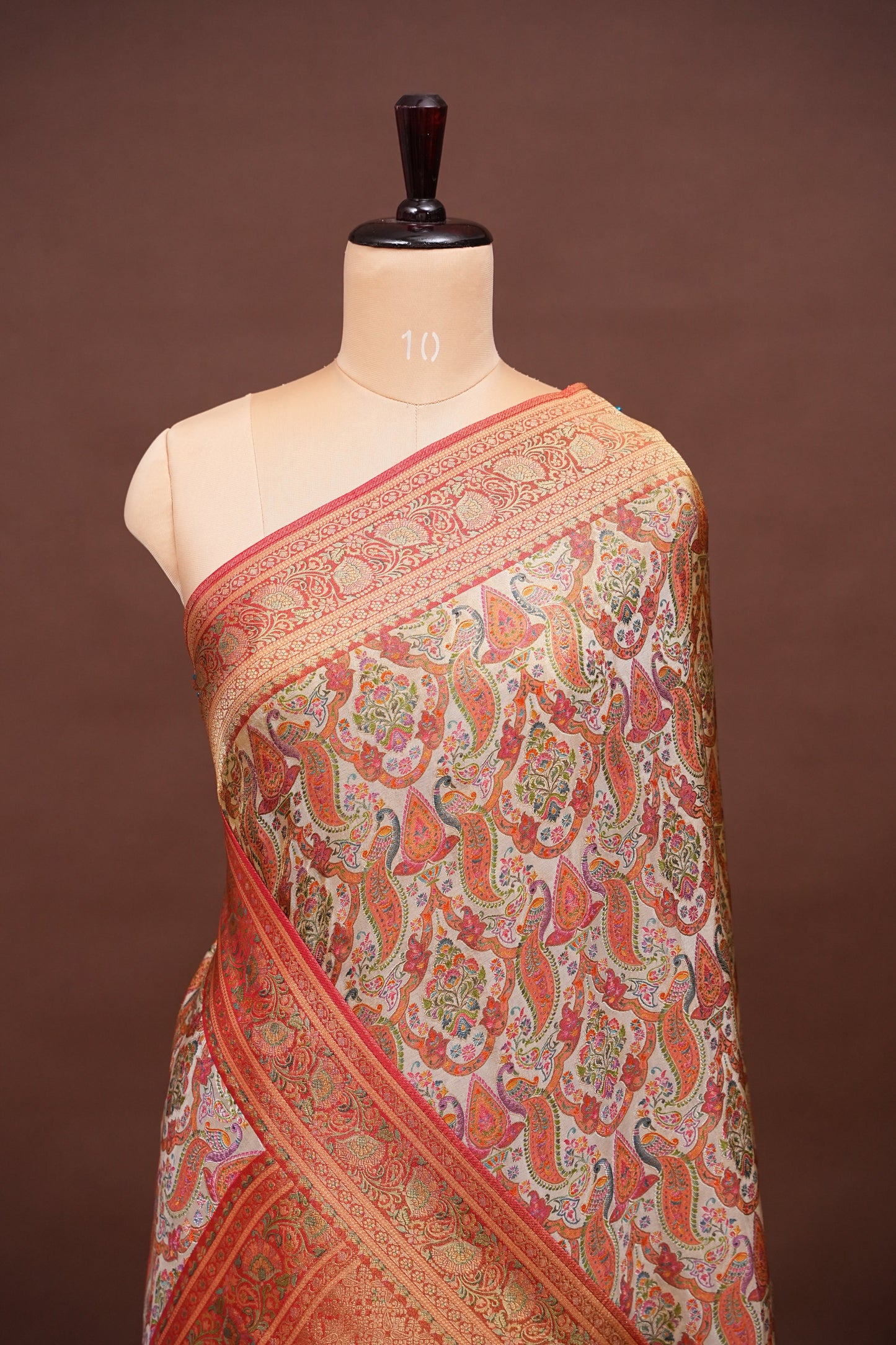 Kashmiri Pashmina Mellow Tissue Banarasi Saree - Ivory & Peach