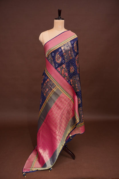 Kashmiri Pashmina Banarasi Story Telling Saree - Navy Blue & Pink