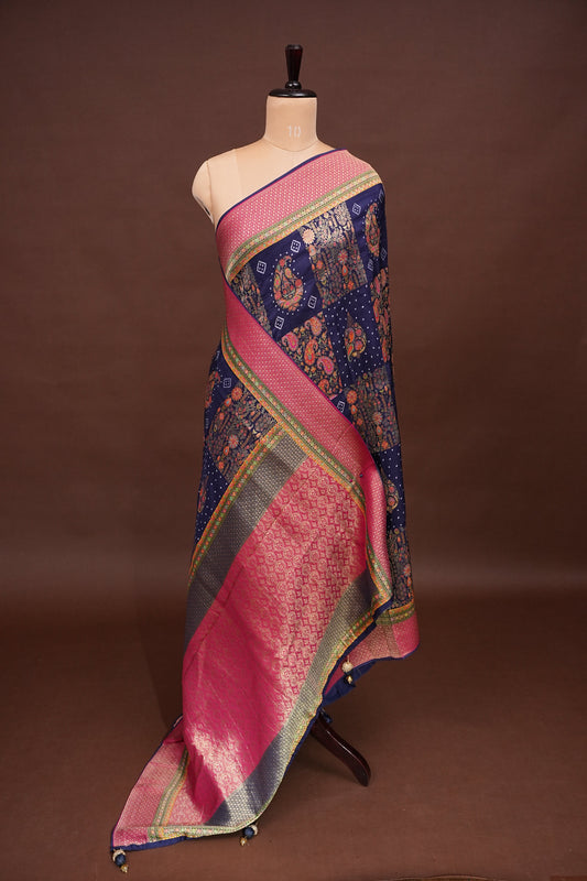 Kashmiri Pashmina Banarasi Story Telling Saree - Navy Blue & Pink