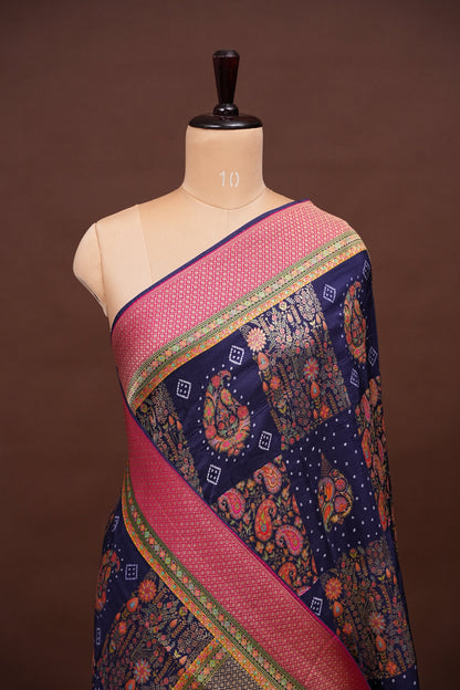 Kashmiri Pashmina Banarasi Story Telling Saree - Navy Blue & Pink