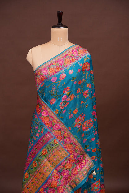 Kashmiri Pashmina Banarasi Story Telling Saree - Blue & Pink